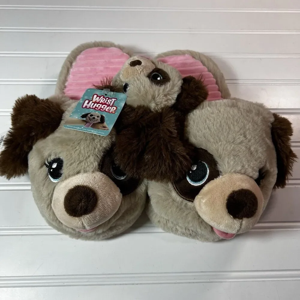 PUPPY DOG Slippers Girls Size 4-5 With Matching Slapping Wrist Hugger NWT